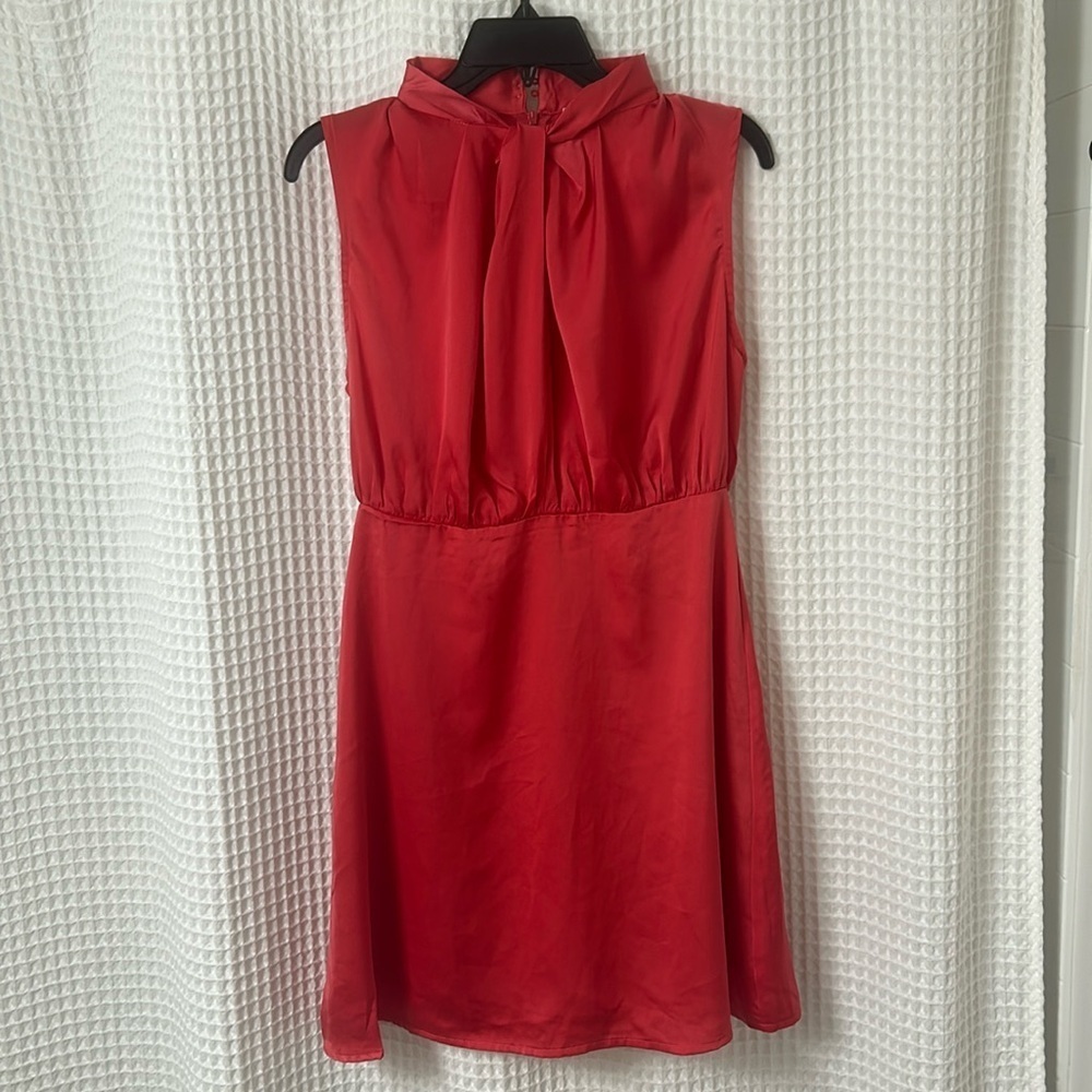NWT She + Sky Sleeveless Satin Silk Dress with Twist Front High Neck Band Detail